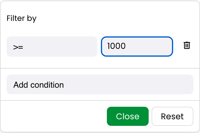 Number filter popup with a greater-than-or-equal condition set to 1000