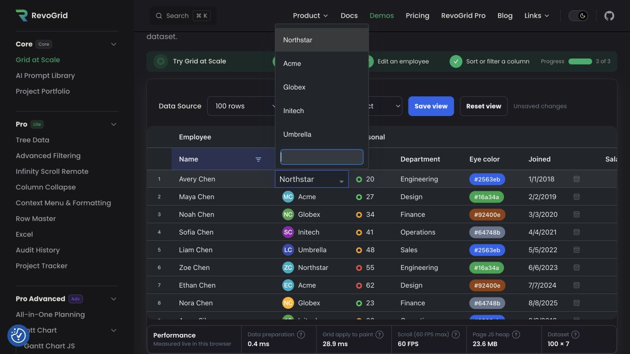 RevoGrid Core company cell with a searchable custom select editor open