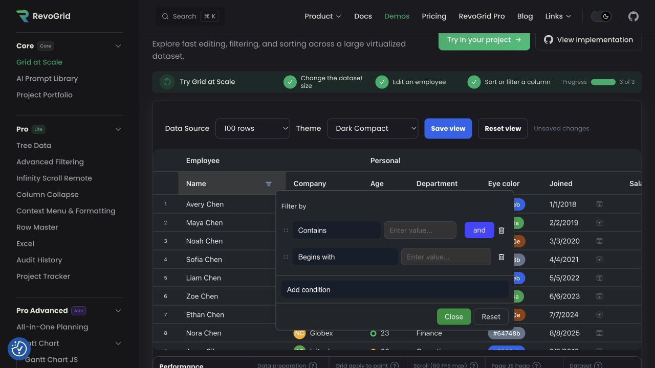 RevoGrid Core filter panel with two conditions joined by AND