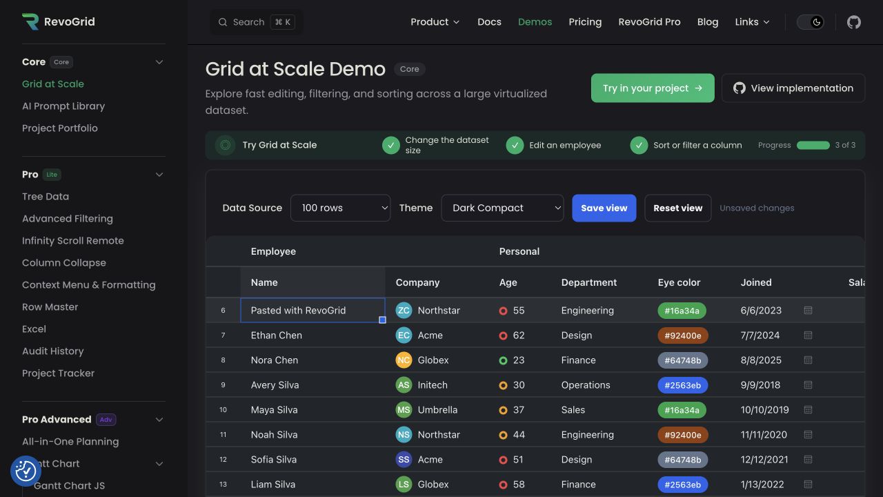 RevoGrid Core demo after the browser clipboard pasted a value into the active cell