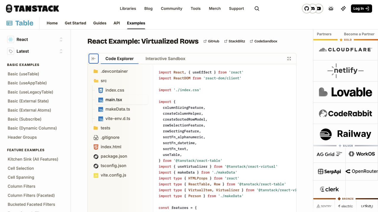 TanStack Table official virtualized rows example and code explorer