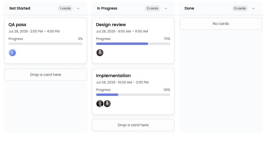 React application switching one planning dataset between Grid, Kanban, Gantt, Scheduler, and Calendar views