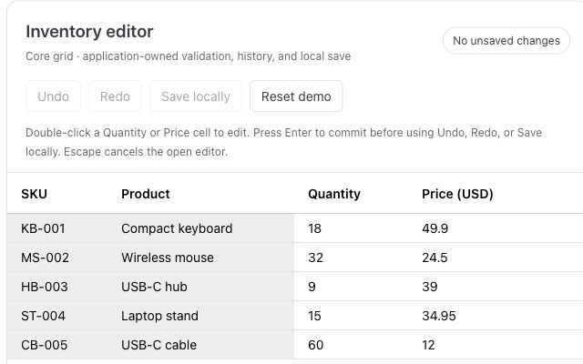 React inventory editor with editable quantities and prices