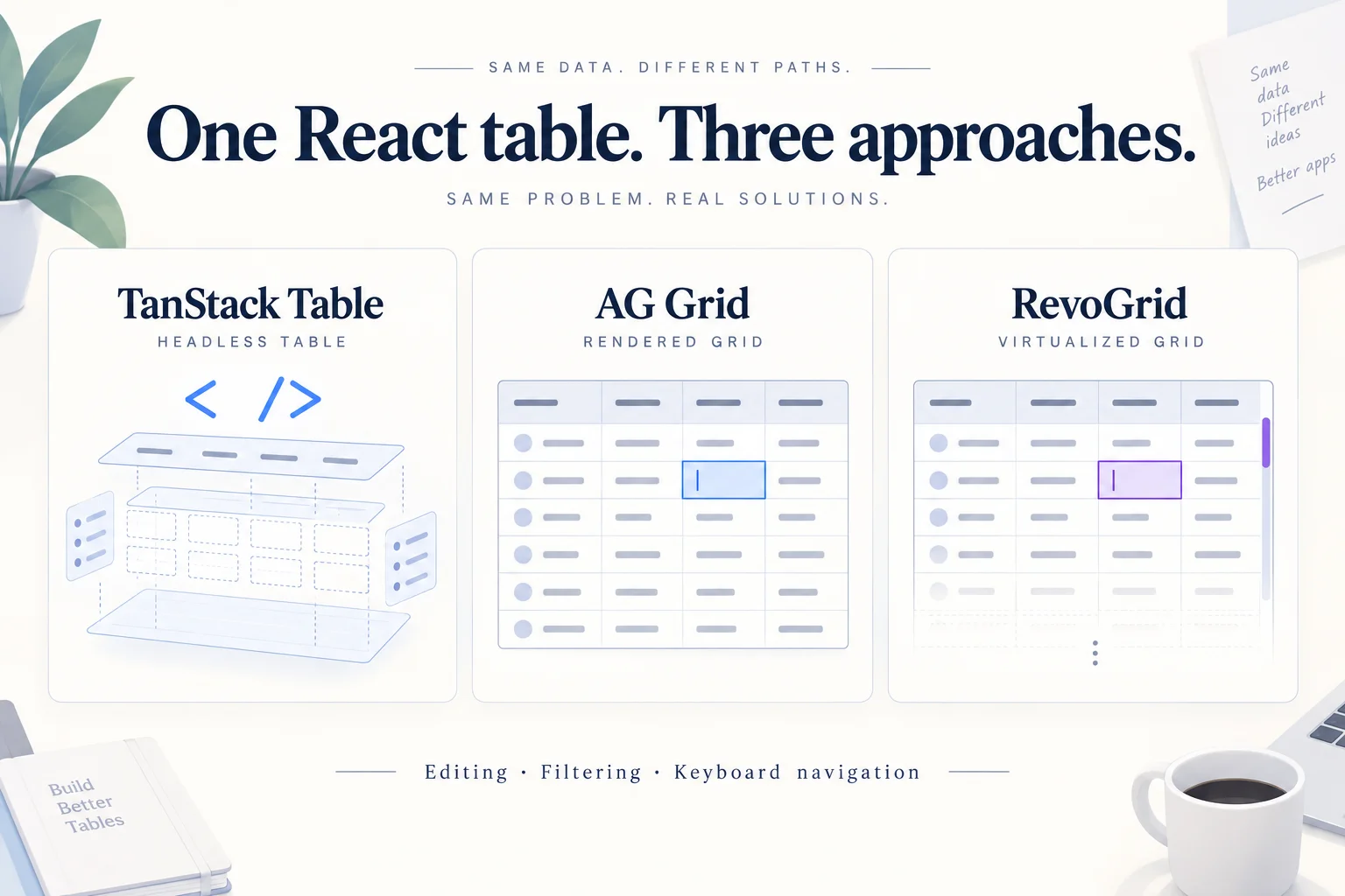 Conceptual comparison of TanStack Table's headless approach, AG Grid's rendered grid, and RevoGrid's virtualized grid