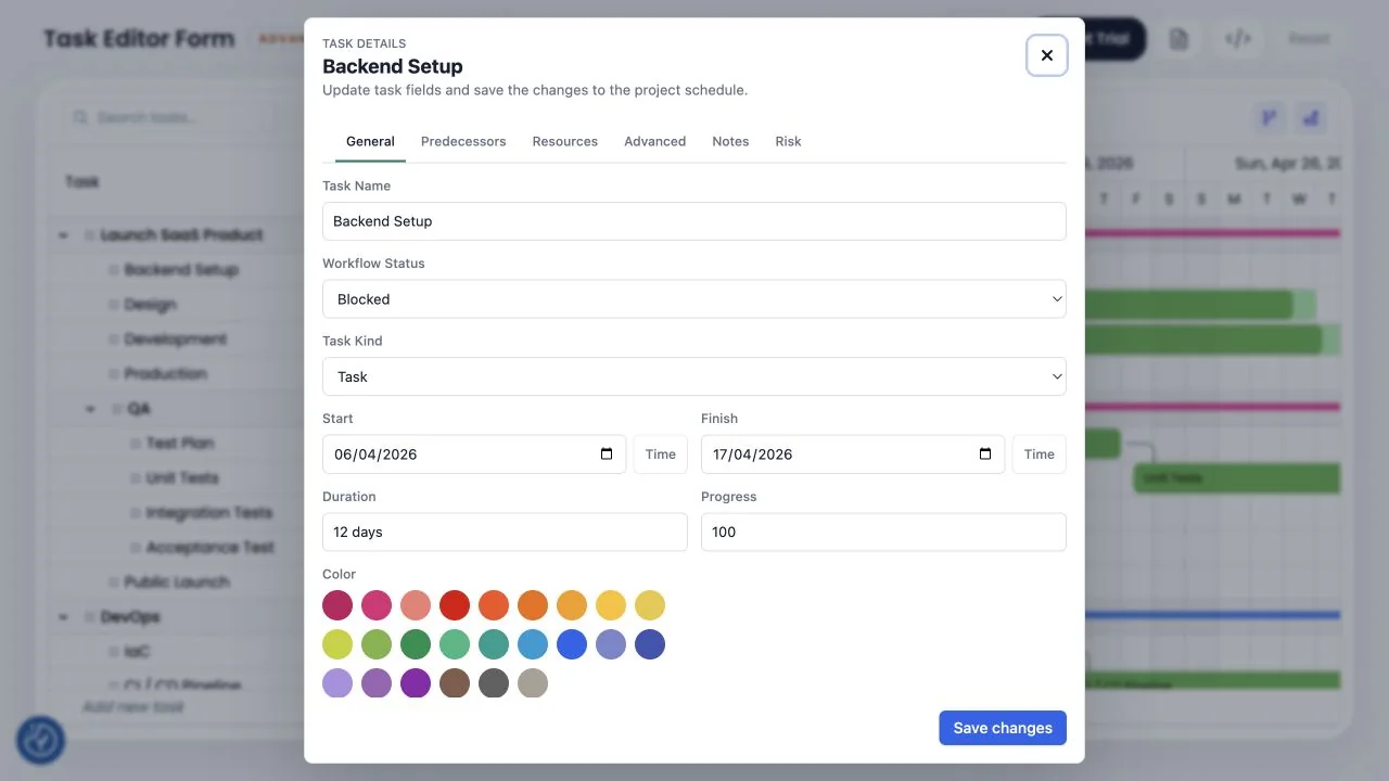 RevoGrid Gantt task editor dialog with schedule fields and color choices