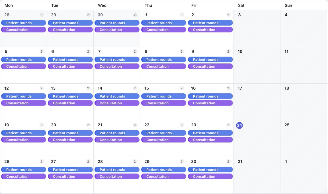 Complete monthly scheduler calendar with all five weeks, labeled appointments, daily event counts, and weekend availability