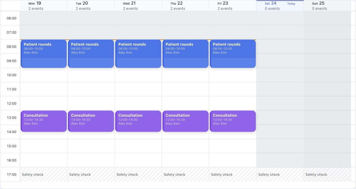 Complete weekly staff calendar with all seven days, working hours, labeled appointments, assignee names, and blocked time