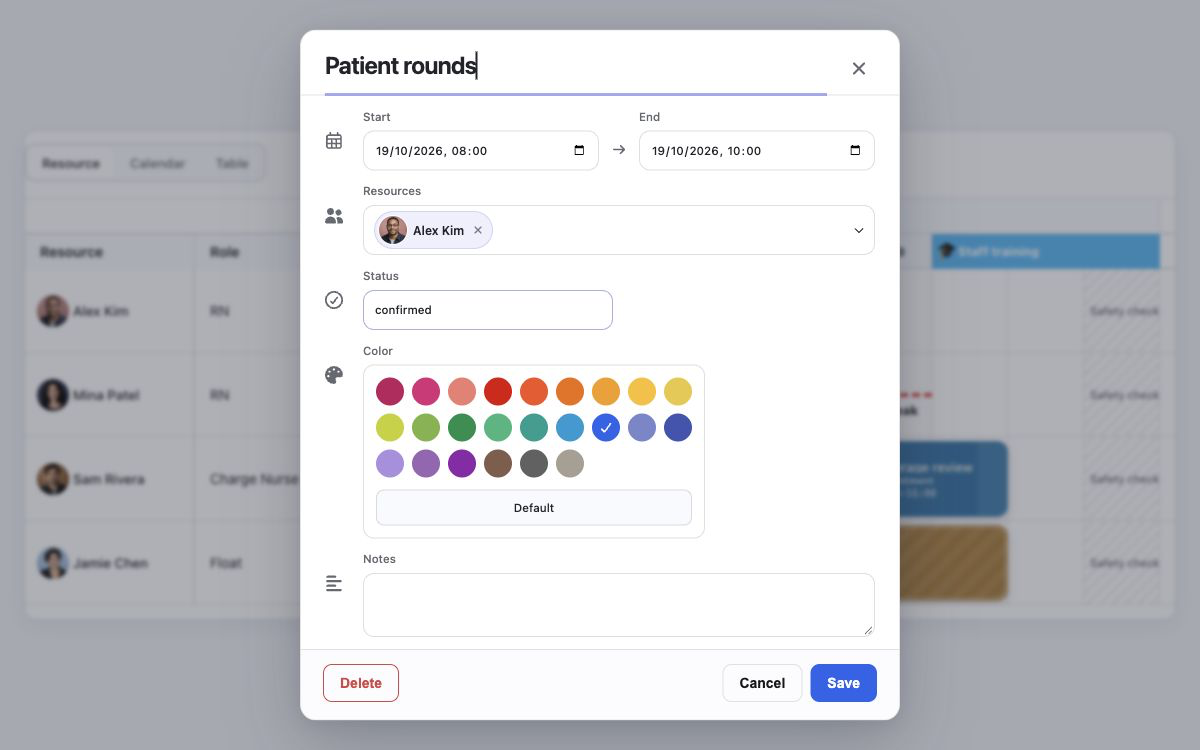 Scheduler event editor with start and end times, resource assignment, status, color palette, notes, and save controls