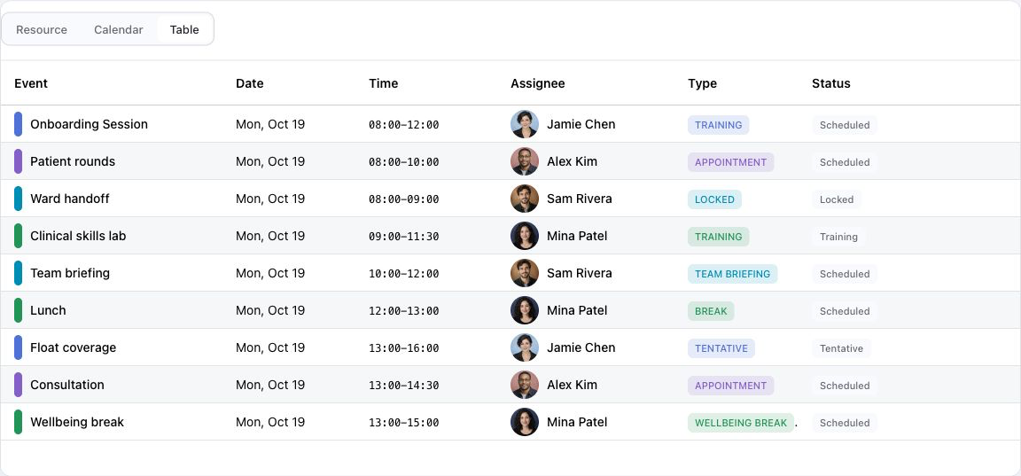 Scheduler demo event table with date, time, assignee portraits, event types, and status labels